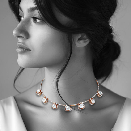 Rose Gold Polki Necklace with Brilliant-Cut Diamond Halo